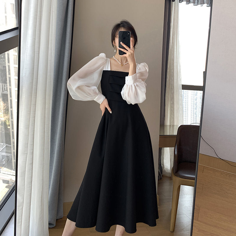 Long-sleeved Black Fried Street Hao Benfeng dress Women's New Spring and Autumn Stitching Square Collar French Skirt Vintage A- line Skirt