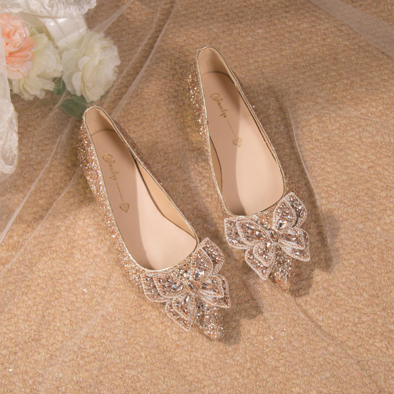 Crystal High Heels Women's Thick Heel French Style Elegant Bow plus size Rhinestone Sequin Single-layer Shoes Bridesmaid Shoes Xiuhe Wedding Shoes