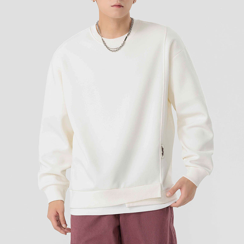 Light Mature Style Simple Men's Clothing Spring and Autumn New Heavy-weight Sweaters Men's New Fashionable Brand Fake Two-piece Solid Color Top for Men