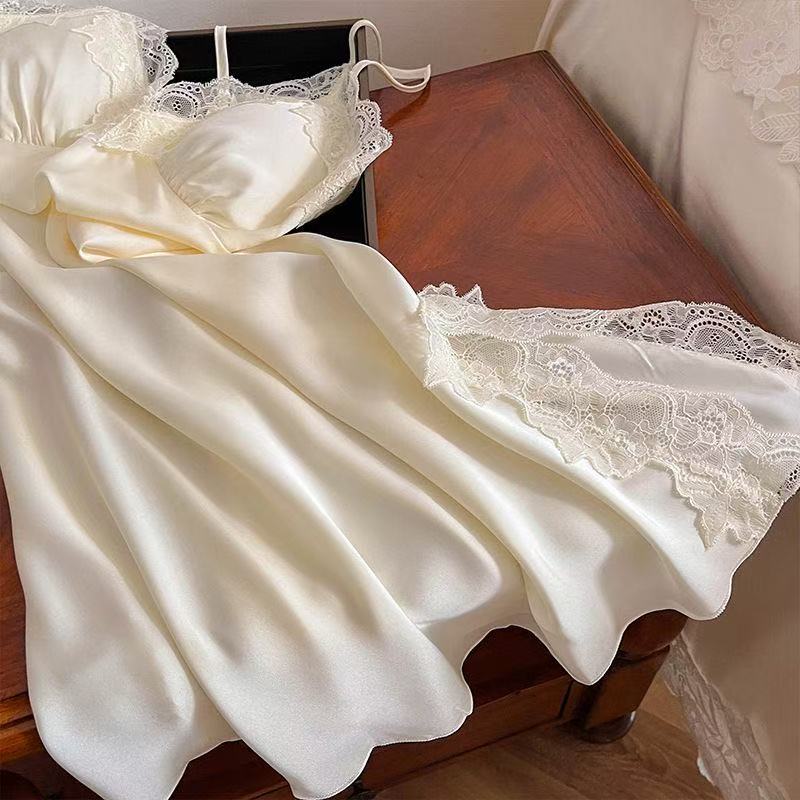 Sexy Pajamas Women's Summer Suspender Nightdress Pure Desire Style Backless Ice Silk 2023 New Slit Lace Pajamas