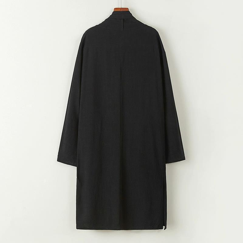 2025 New Autum Chinese Style Men's Stand-Up Collar Mid-Length Buttonless Windbreaker Linen Robe Cloak Jacket
