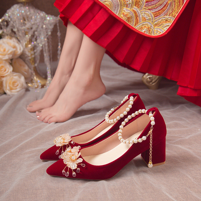 Wedding Shoes Women's Thick Heel New Bridal Shoes Red Xiuhe Dress Wedding Dress Two-Wear Not Tired Feet Middle Heel Wedding Heels