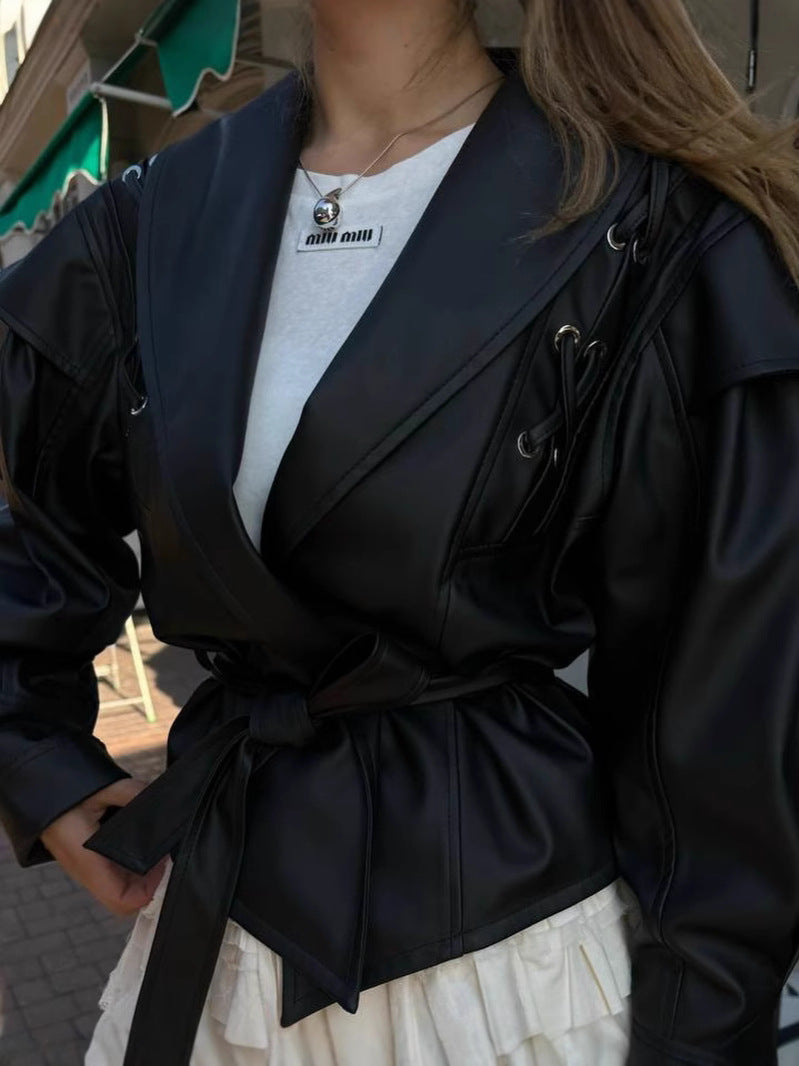 Cross-Border Aliexpress European and American Style Hot Style 2024 New Women's Clothing 4-Color Motorcycle Style Pure Color Strappy Waist Leather Jacket