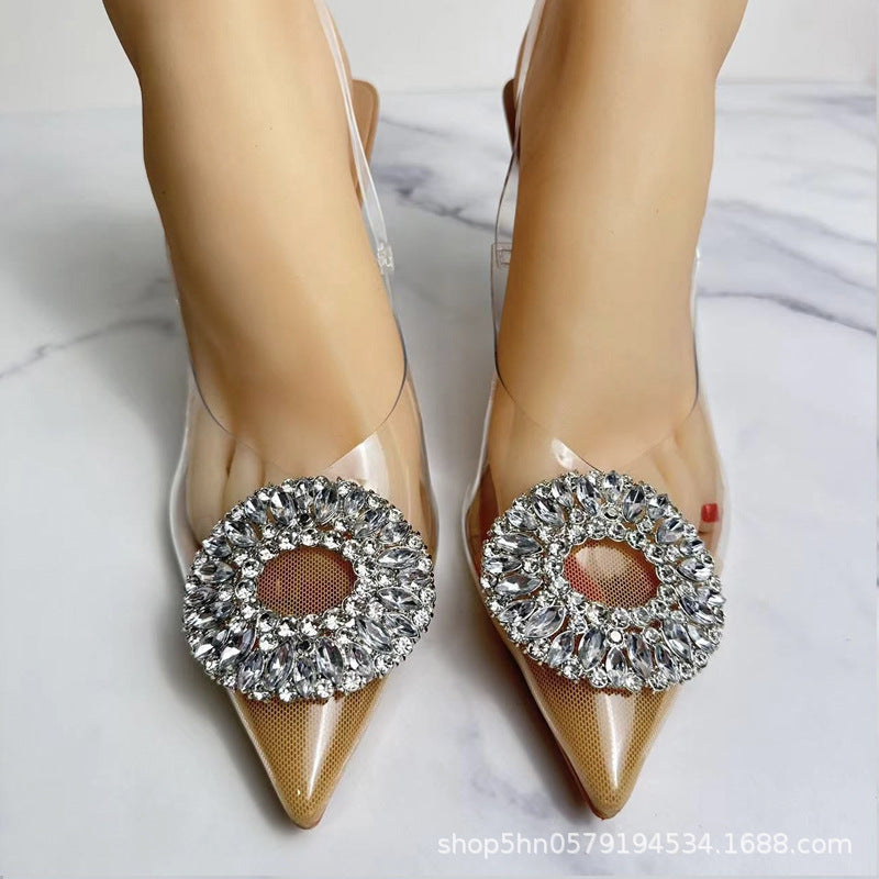 ZA High Heels 2024 Spring and Summer New PVC Fashion All-match Sandals Rhinestone Square Buckle Pointed French Temperament Single Shoes