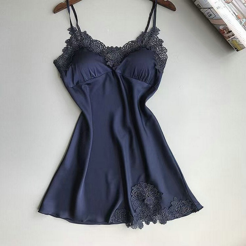 Sexy Suspender Skirt with Breast Pad Pajamas for Women Summer Women's Silk Suspender Pajamas Lace Large Size Home Dress