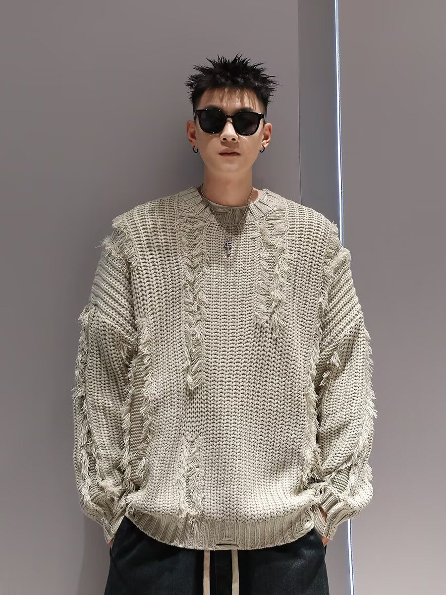 2024 Autumn and Winter New Sweater Men's American Niche Retro Tassel Hole Design Loose Lazy Knitted Sweater