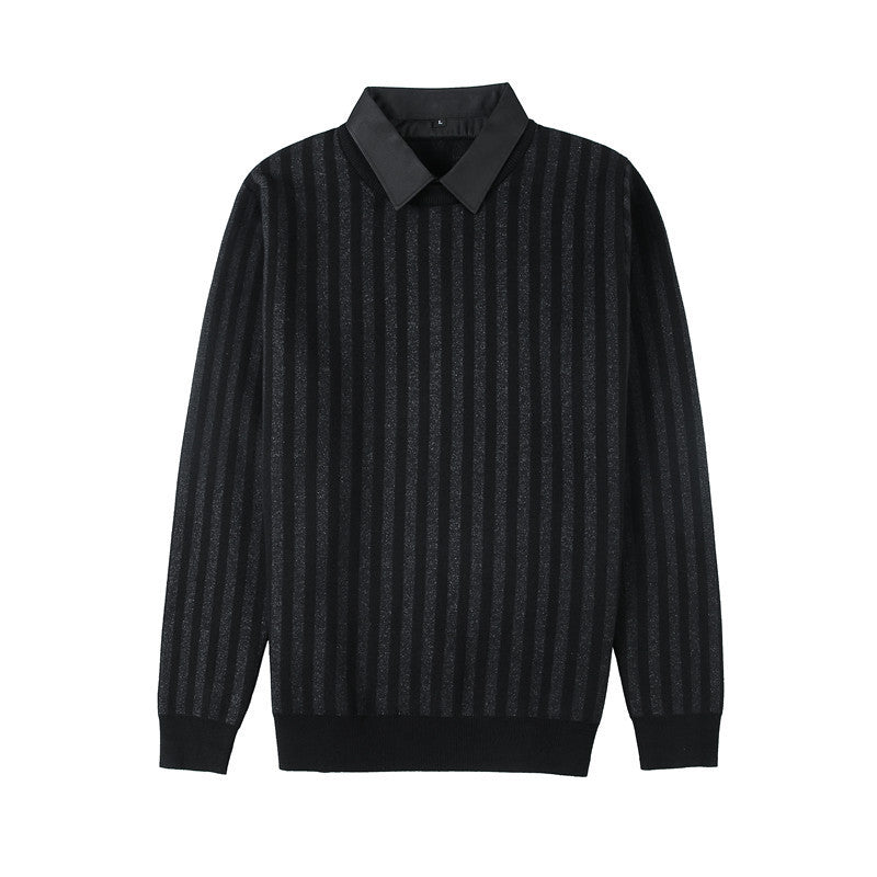 Fake Two-piece Sweater 2022 Autumn Men's Textured Striped Shirt Collar Sweater Pullover Stretch Casual Sweater for Men