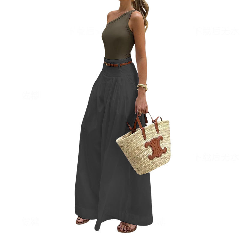 FD1539 in stock 2025 Spring and Summer New Cross-border Women's Fashion Elegant Solid Color Pleated Casual Wide-leg Trousers