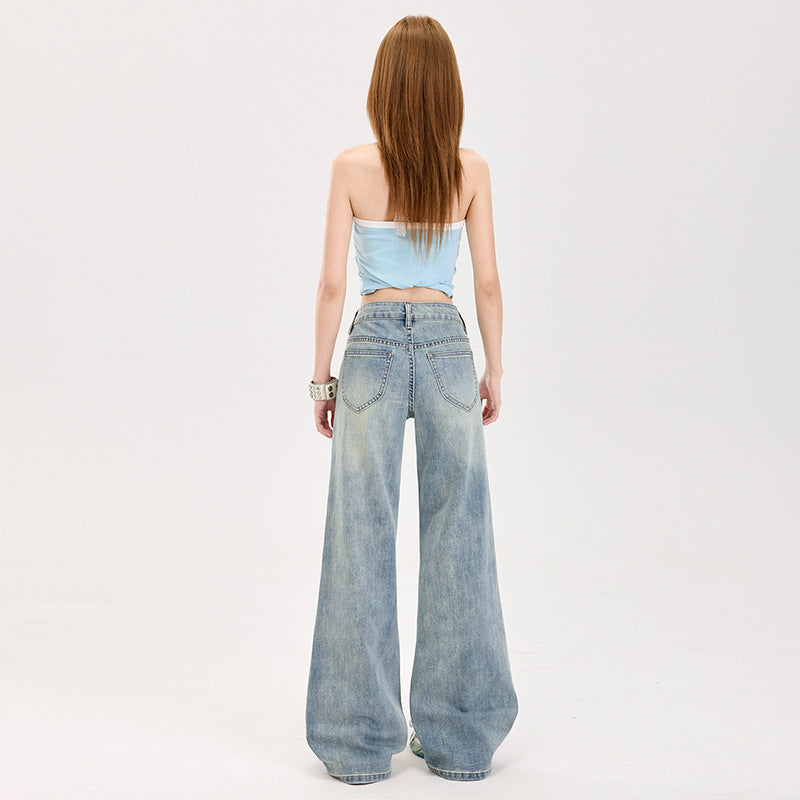 Black Cow Retro Light Blue Jeans for Women Spring 2025 High-Waisted Casual Wide-Leg Pants with Drape and Slimming Effect Long Pants