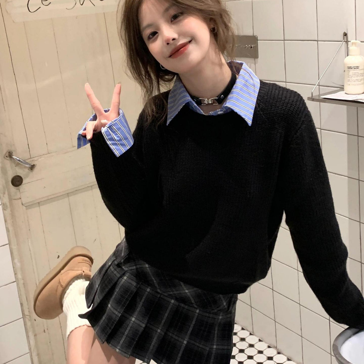 Fake Two-piece Detachable Shirt Collar Sweater Women's Autumn and Winter Small Black Lazy High-end Sweater Top