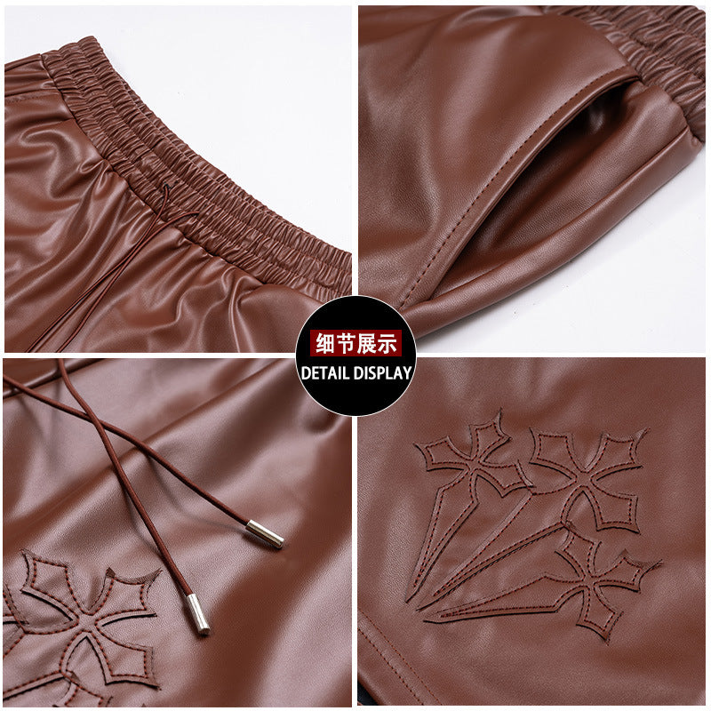 300g Eco-friendly PU Leather American Style Vintage Men's Foil Leather Embroidered Leather Shorts Loose Casual All-match Fashion Leather Pants