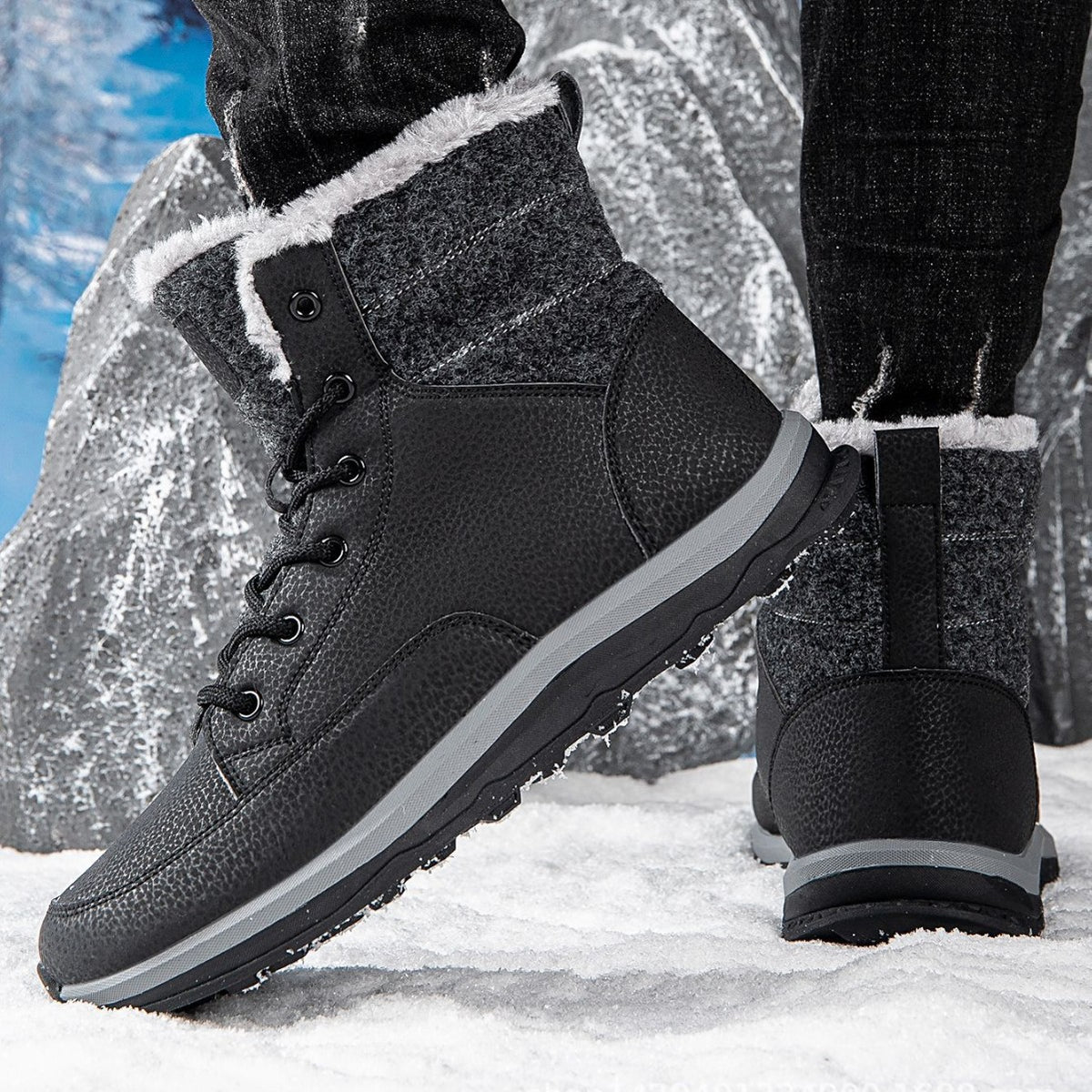 Men's Winter Snow Boots, Men's Hiking Shoes, Fleece-Lined, Thickened, Warm, Large Size Cotton Boots, High-Top Warm Shoes