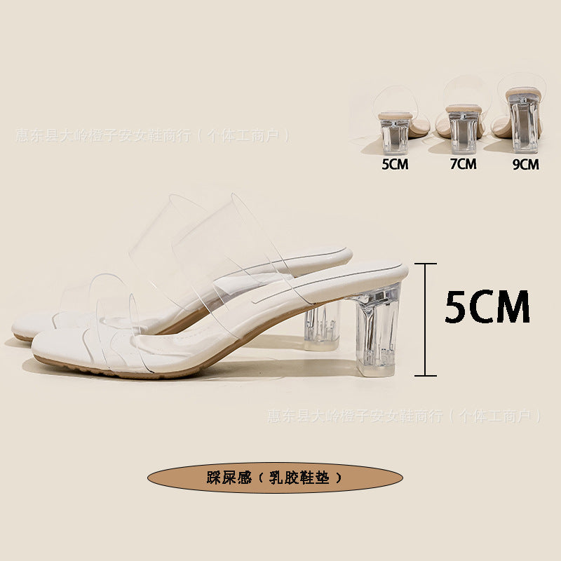 Transparent Crystal High-Heeled Sandals for Women, Summer 2026 New Style, One-Strap Square-Toe Outdoor High Heels