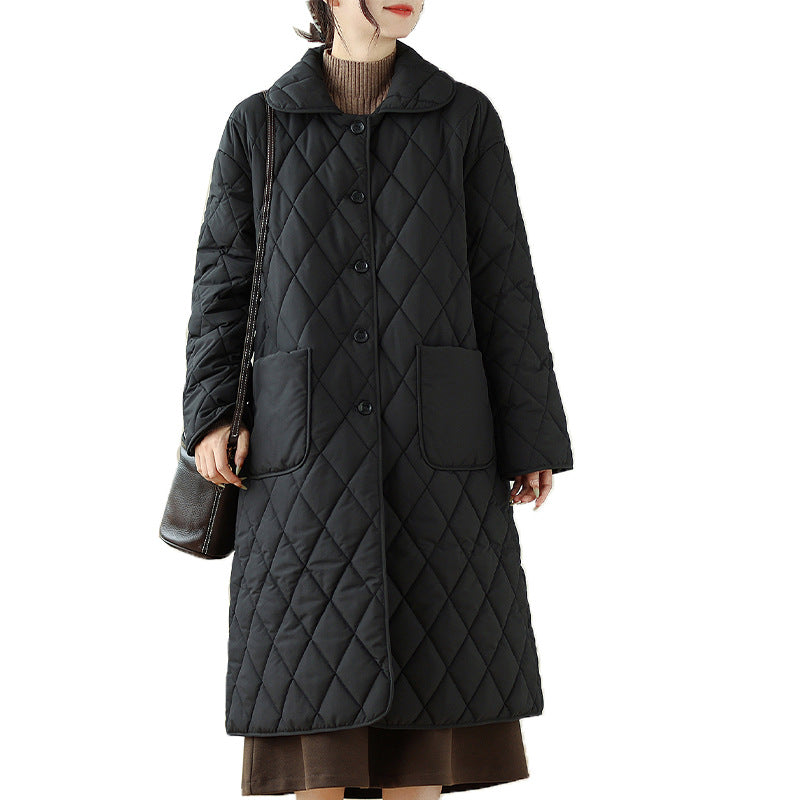 Real shot rhombic over-the-knee cotton-padded jacket women's mid-length loose cotton-padded jacket ins winter clothes slimming all-match cotton-padded jacket