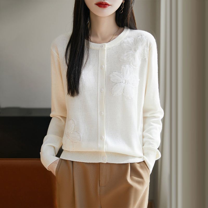 Spring and Autumn New Women's Worsted Wool Knitted Sweater Round Neck Three-dimensional Flower Knitted Cardigan Fashion Sweater Coat Top