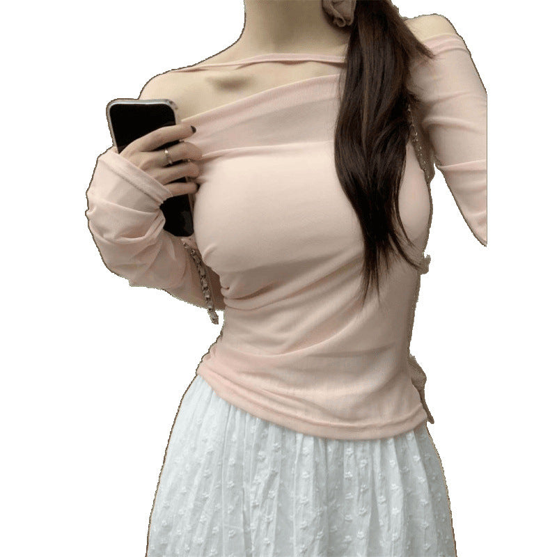 Long-Sleeved Blouse for Women in Early Spring, High-End Slimming Short Off-Shoulder Top