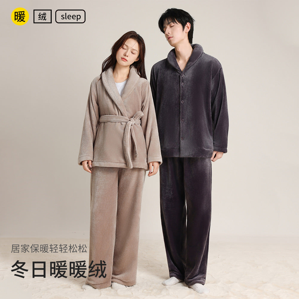 Couple's Autumn and Winter Thickened Pajamas with Green Fruit Collar, Simple and Luxurious Men's and Women's Cardigans, Double-Sided Velvet Warm Home Clothes Two-Piece Set