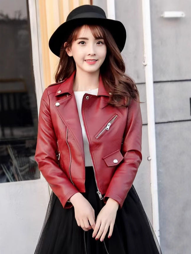 Women's Short Leather Jacket for Spring and Autumn, Motorcycle Pu Leather Jacket, Slim Fit, Plus Size, Student Style, Small Lapel, European and American Style