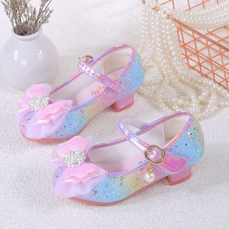 2025 New Lace Bow Girls' Shoes Children's High Heel Princess Shoes Fashion Korean Style Sequined Rainbow Color Shoes
