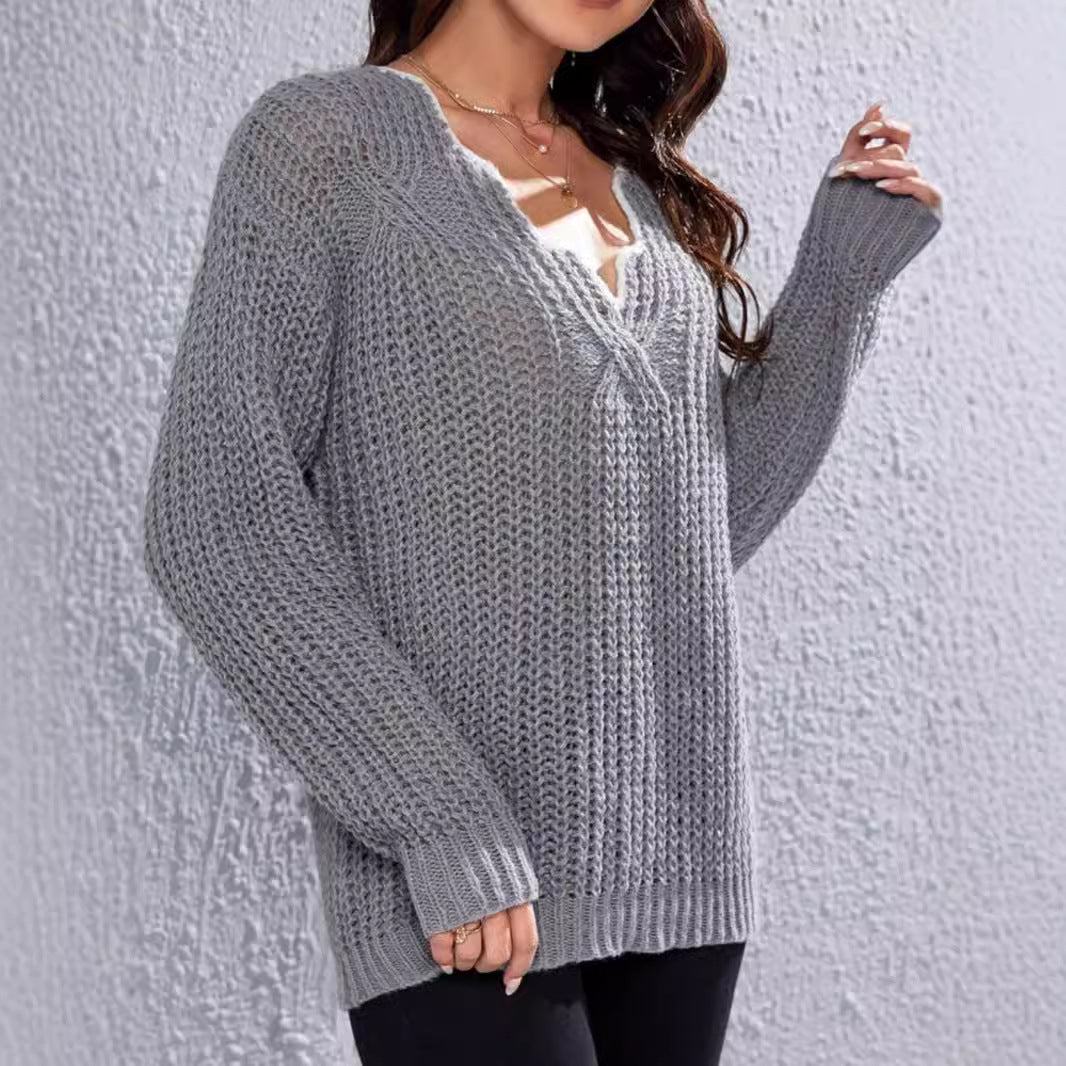 Autumn and Winter New Lace V-neck Knitted Sweater Casual Pullover All-match Solid Color Loose Version Shoulder Sleeve Sweater Top for Women