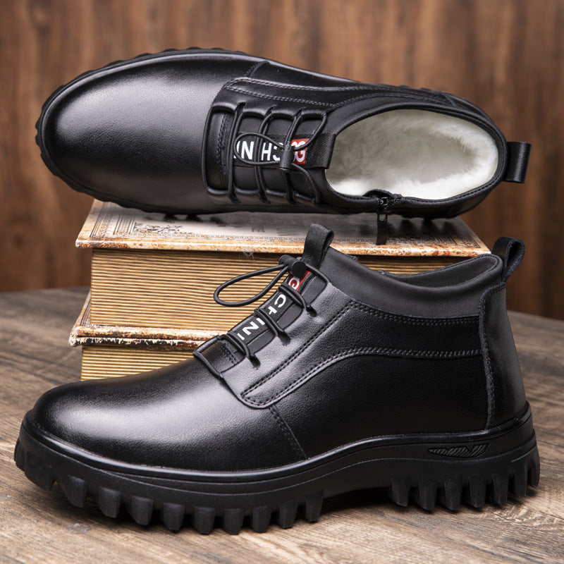 High-Top Cotton Boots 2026 Winter New Style Workwear Men's Shoes Trendy Wool Snow Boots Leather Lace-Up Warm Leather Shoes