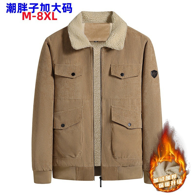 Winter Plus Size Men's New Corduroy Lambskin Cotton-padded Coat Warm Overalls Lapel Cotton-padded Coat Young and Middle-aged Jacket