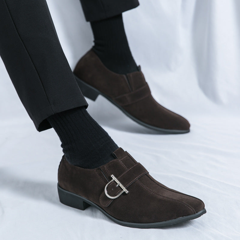 Cross-border plus size men's pointed frosted loafers size 38-46 men's lace-up British one-step buckle leather shoes
