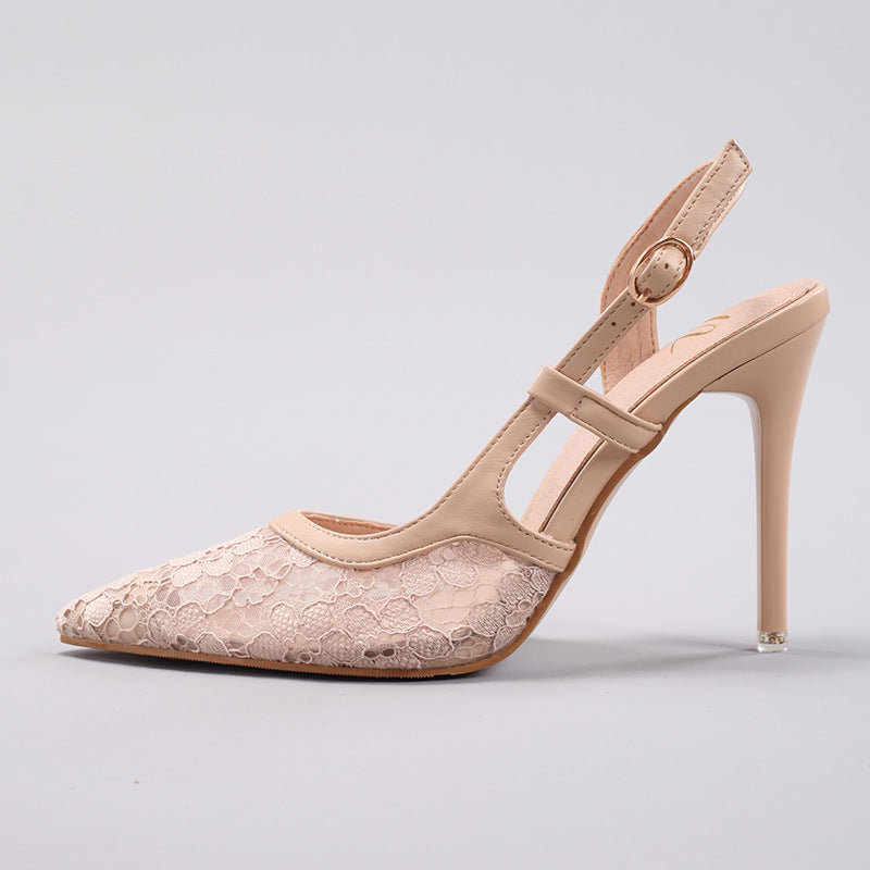 Lace Splicing High Heels Women's Summer Pointed Toe Banquet Party Wedding Stiletto Sandals Cross-Border Exclusive Ultra-High Heels