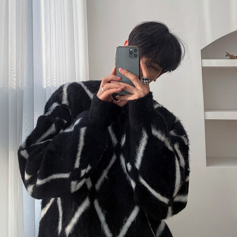 Plush Plaid Sweater Men's Autumn and Winter Korean-style Fashionable Loose Sweater Thickened Lover's All-match Sweater for Men