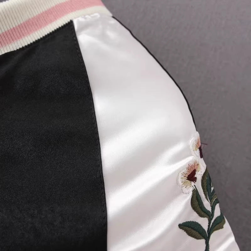 Long-term Spot Jacket Coat European and American Women's Flower Embroidered Jacket Two-sided Baseball Suit Women's Satin Jacket