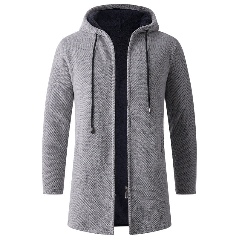 Cross-Border European and American Men's Mid-Length Knitted Windbreaker for Young and Middle-Aged People Hooded Cardigan Plus Velvet Thickened Warm Jacket Coat
