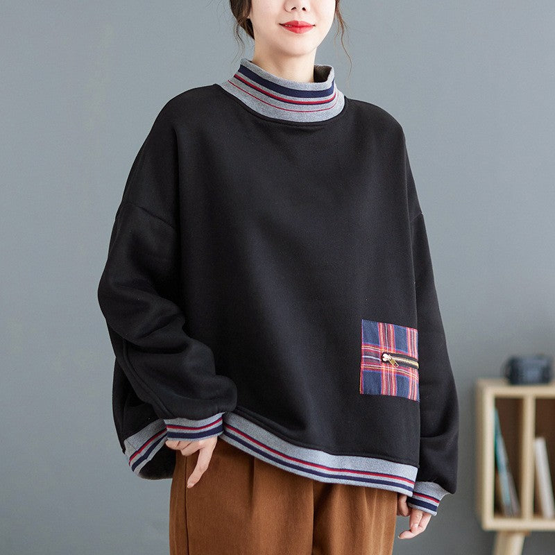 New 2023 Winter new cotton patch turtleneck sweater women's fleece-lined warm loose pullover top