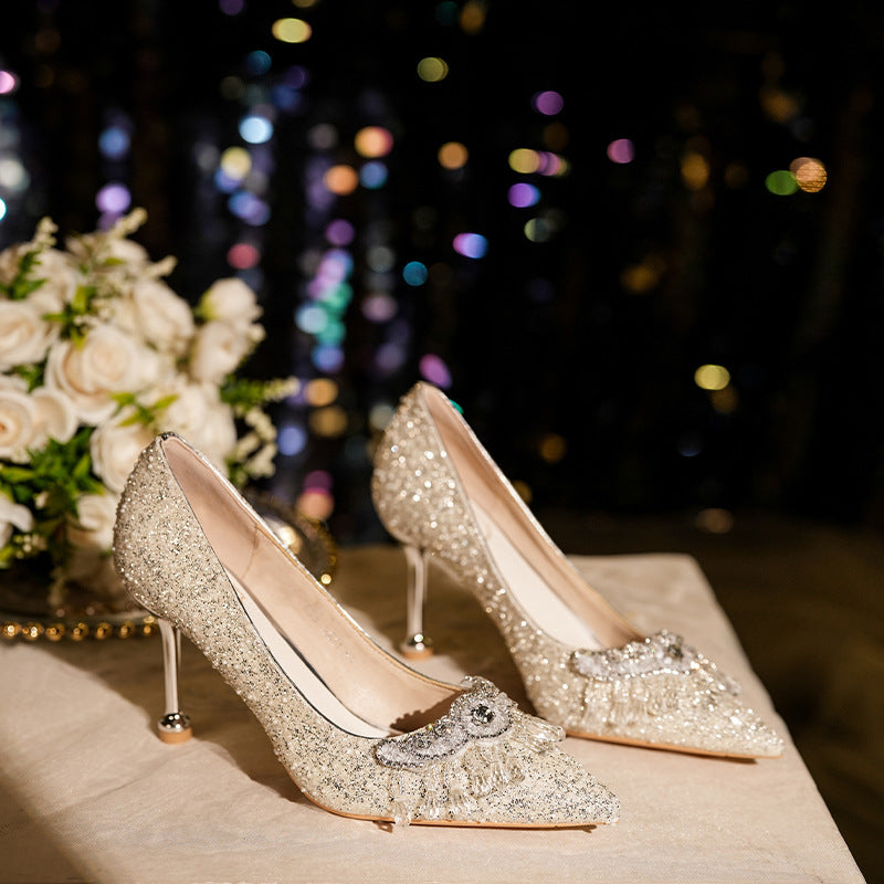 E888-152 High Heels Women's Stiletto Heels 2025 New Crystal Wedding Shoes Pointed Toe Rhinestone Shallow Mouth Flats Bridal Shoes
