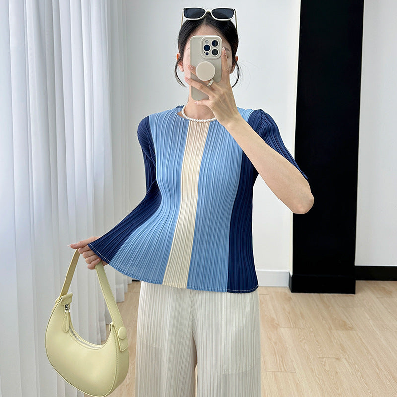 Sanzhai top for women 2023 Autumn New striped color matching straight slimming versatile pleated short sleeve t-shirt for women