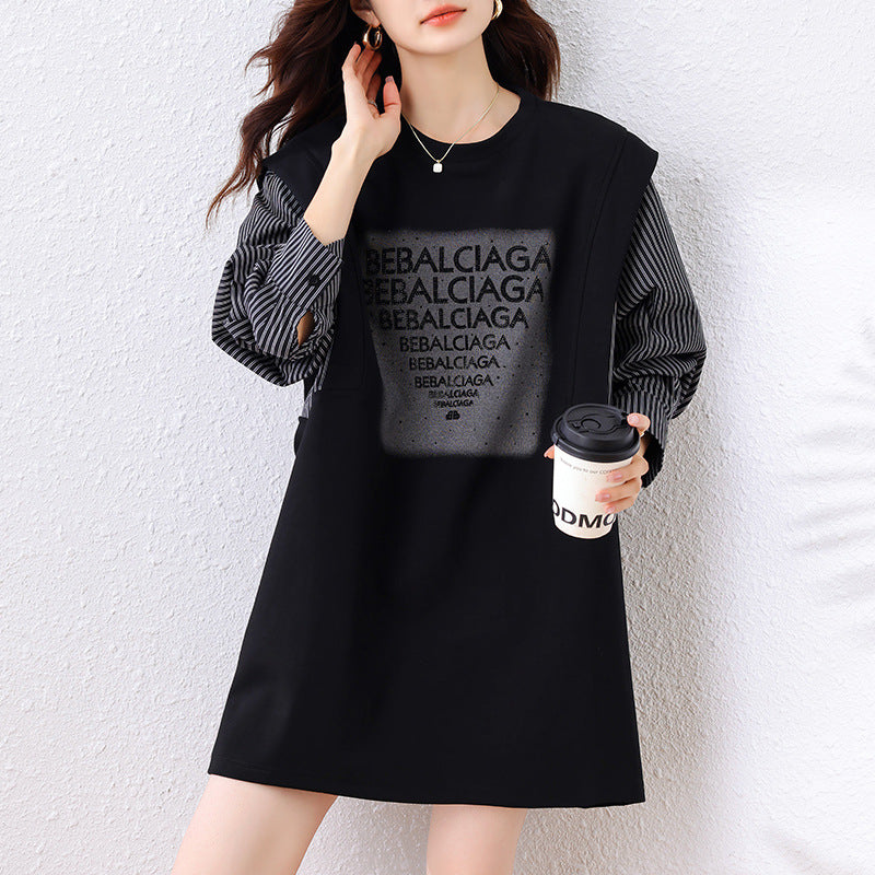 Fashionable Rhinestone Fake Two-Piece Sweatshirt for Women, Autumn European Style Plus Size Top, 2025 New Casual Women's Clothing