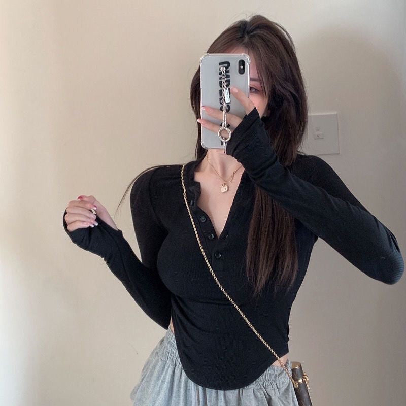American-Style Spicy Girl Long-Sleeve Base Shirt for Women, 2026 Spring New V-Neck Slim-Fit Jazz Dance Short T-Shirt Top