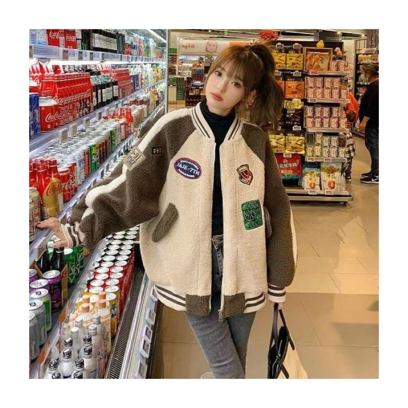 Coat Women's European Station 2025 Fall/Winter New Loose plus size Baseball Suit Ins Student Jacket Thickened Lamb Wool
