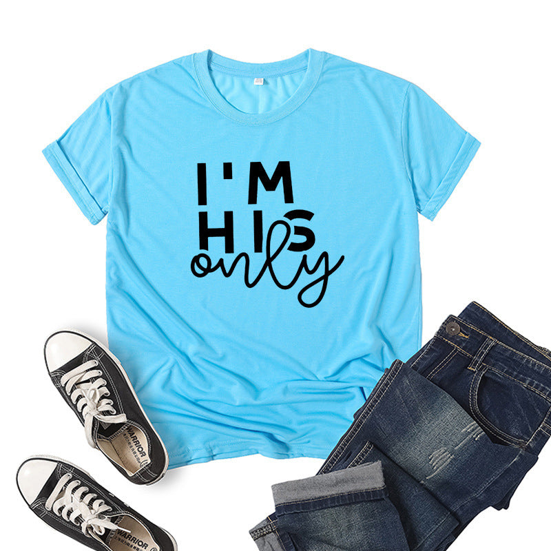 in stock Foreign Trade Cross-border I 'M HER ONE Couple Valentine's Day Printed Short-sleeved Crewneck T-shirt European and American Men and Women