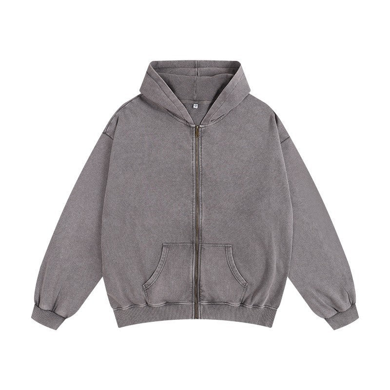 350g Distressed Zipper Hoodie for Men, Oversized Drop Shoulder Vintage Washed Heavy Terry Cardigan Jacket, Heavyweight Men's Clothing