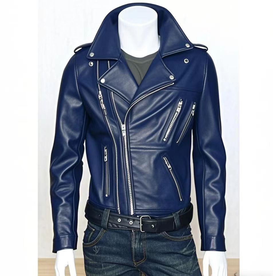 Autumn and Winter Leather Men's New Leather Jacket Coat Men's Korean Style Vertical Collar Slim Fit PU Leather Top Trendy Men's Coat