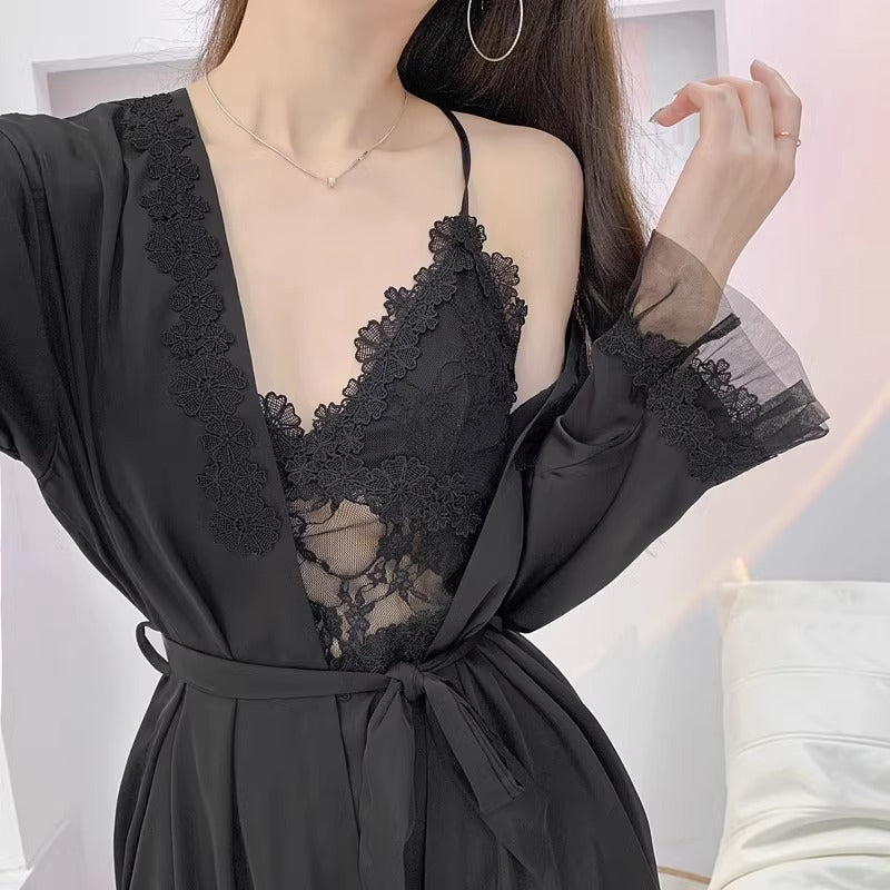 Sexy Pajamas for Women Summer Ice Silk Summer 2025 New Lace Suspenders Pure Lust Style Nightgown with Breast Pads High-End