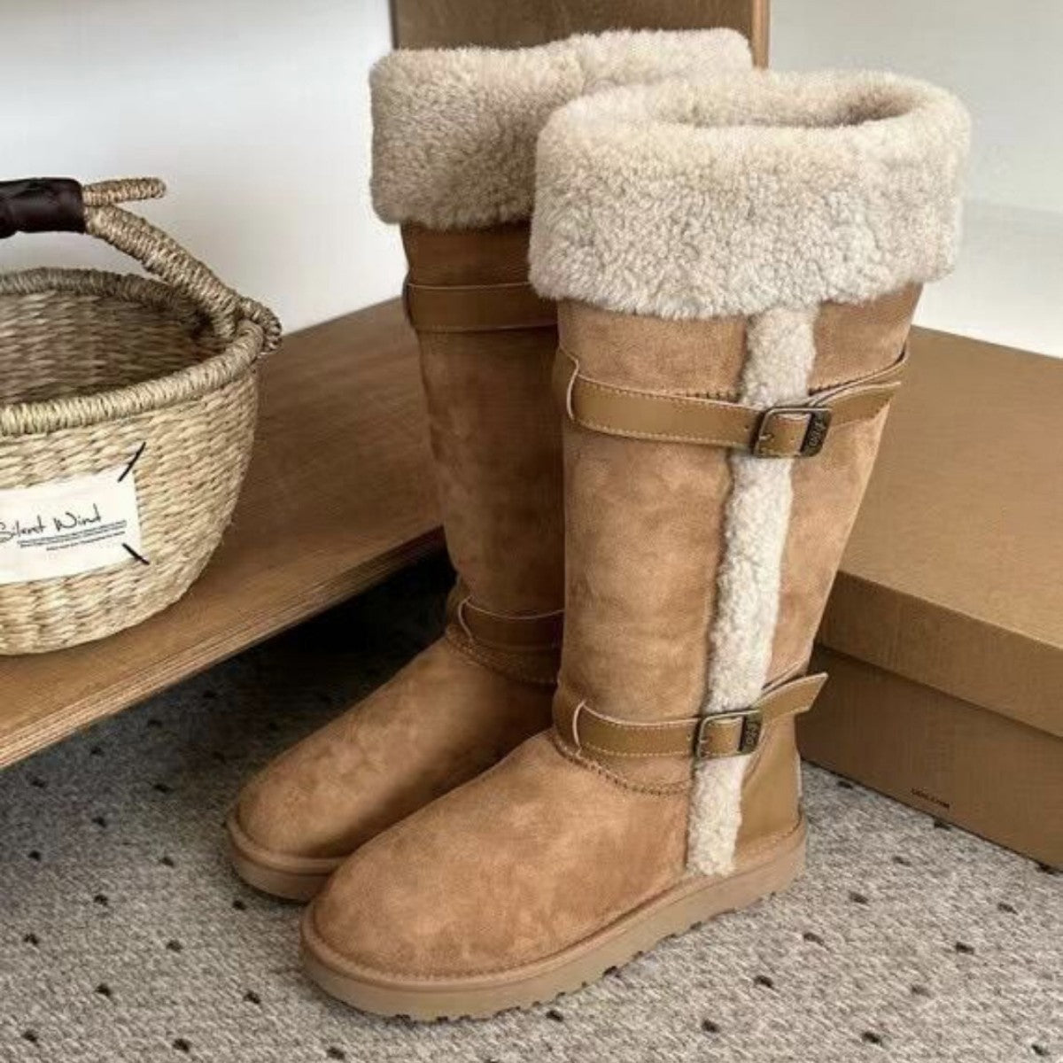 New Autumn and Winter Fleece-Lined Warm Snow Boots for Women, Genuine Leather Casual Outdoor Platform Thick-Soled Long Boots, Dual-Wear Cotton Shoes