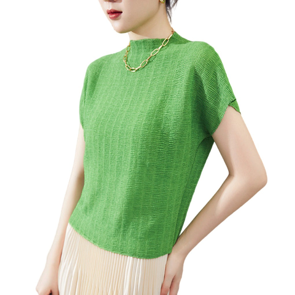 Short-sleeved T-shirt Women's Summer New Clothes All-match High-grade Western-style Small Shirt Unique Chic Pleated Top Thin Women