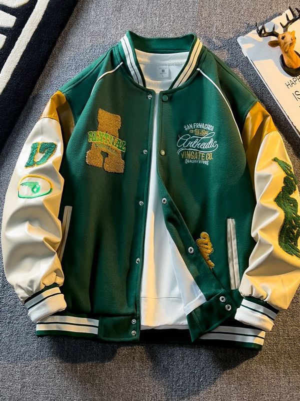 Spring and Autum Contrasting Color American Embroidered Leather Sleeve Jacket Men's/ women's  Korean Style Trendyy Baseball Uniform Autum Casual Student Jacket