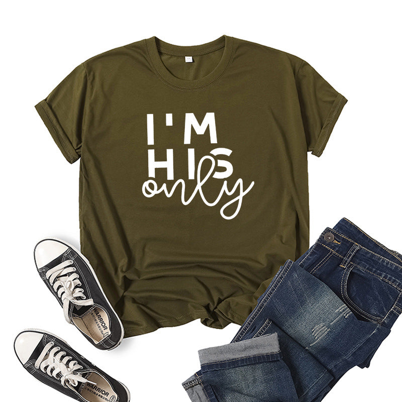 in stock Foreign Trade Cross-border I 'M HER ONE Couple Valentine's Day Printed Short-sleeved Crewneck T-shirt European and American Men and Women