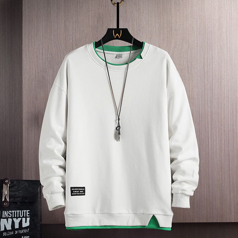 Fake Two-piece Stitching Heavy Round Neck Sweaters Men's Autumn and Winter Fashionable Ins All-match Long-sleeved T-shirt Top Men