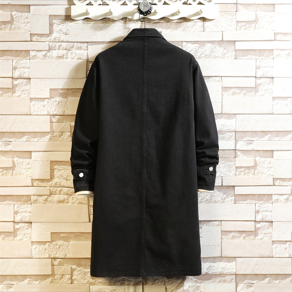 Men's Denim Trench Coat, Mid-Length, Autumn and Winter, Japanese Style, Trendy Brand, Plus Size, Vintage, Loose, Casual, Lapel Jacket