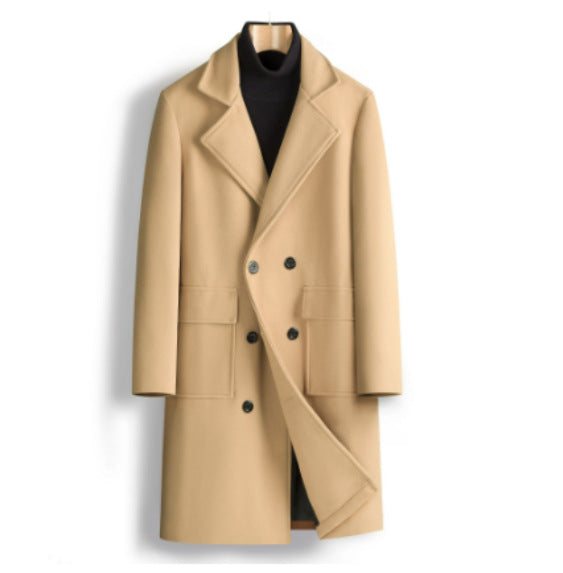 2025 spring new men's foreign trade double-breasted youth solid color casual long woolen coat fashionable trench coat