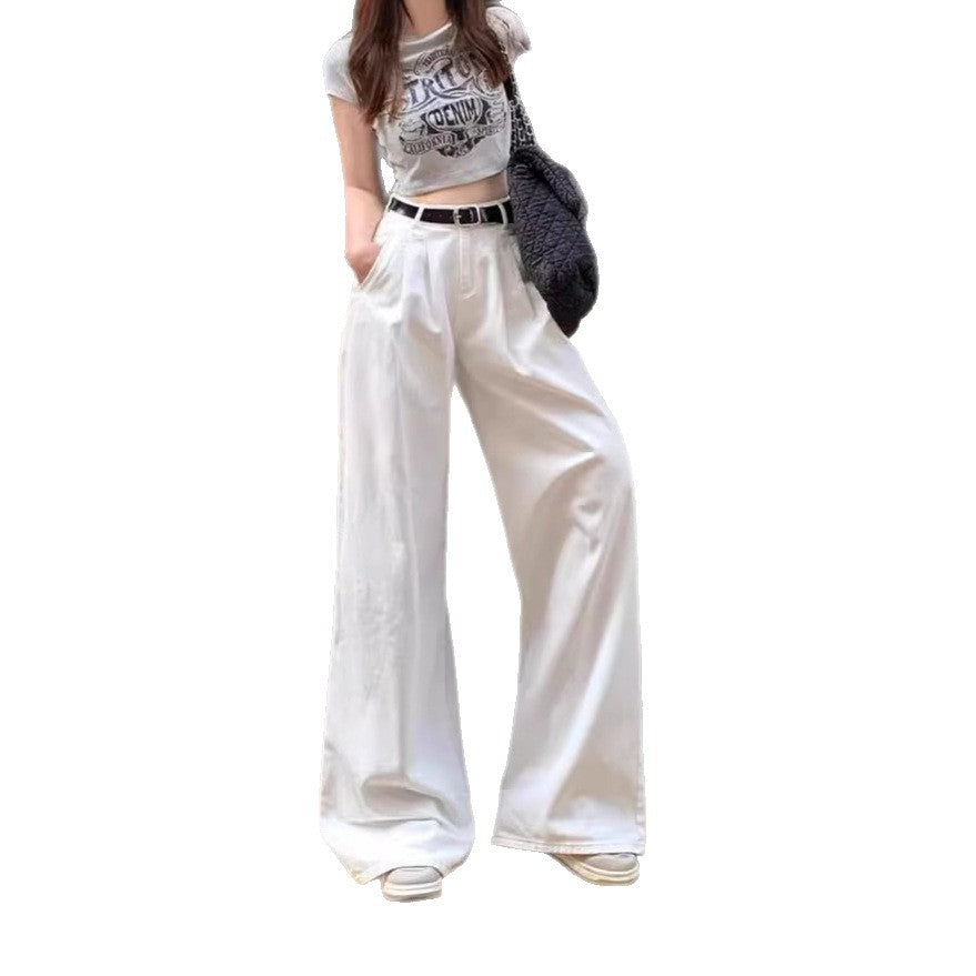 White Wide-Leg Jeans for Women, Summer Thin Fashion Slimming Loose Casual Pleated Drape Versatile Floor-Length Pants