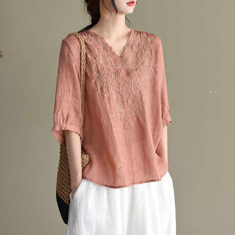 Shirt Summer New Style Retro Literary Thin Embroidered Short-Sleeved Cotton and Linen Tops for Women Ethnic Style V-Neck Pure Cotton T-Shirts for Women